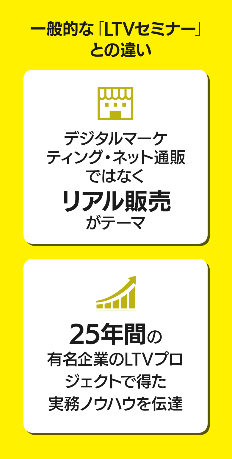 一般的な「LTVセミナー」との違い
□デジタルマーケティング・ネット通販ではなく、「リアル販売」がテーマ
□25年間の有名企業のLTV最大化プロジェクトで得たノウハウを伝達
