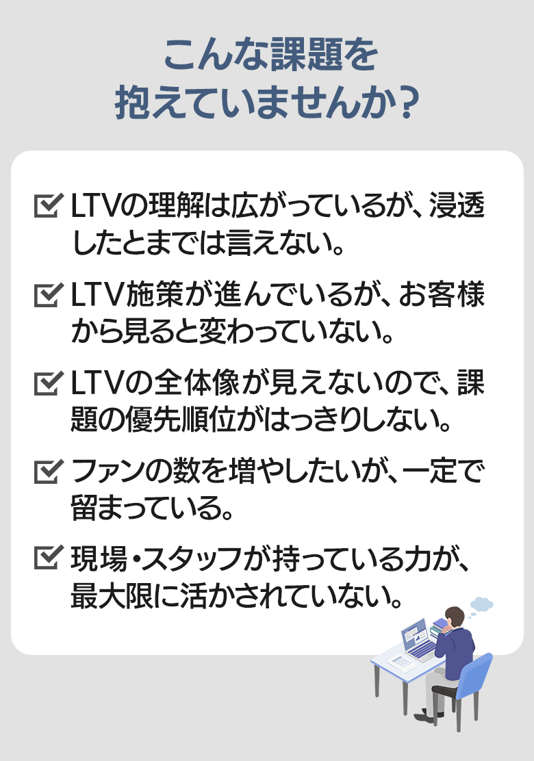 このような課題を抱えていませんか?
□LTVの理解は広がっているが、浸透したとまでは言えない。
□LTV施策が進んでいるが、お客様から見ると変わっていない。
□LTVの全体像が見えないので、課題の優先順位がはっきりしない。
□ファンの数を増やしたいが、一定で留まっている。
□現場・スタッフが持っている力が、最大限に活かされていない。